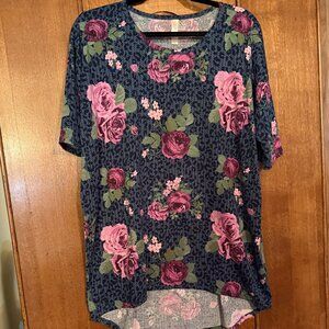 LuLaRoe Irma, size L, Cheetah print background w/Mauve/Pink roses & green leaves